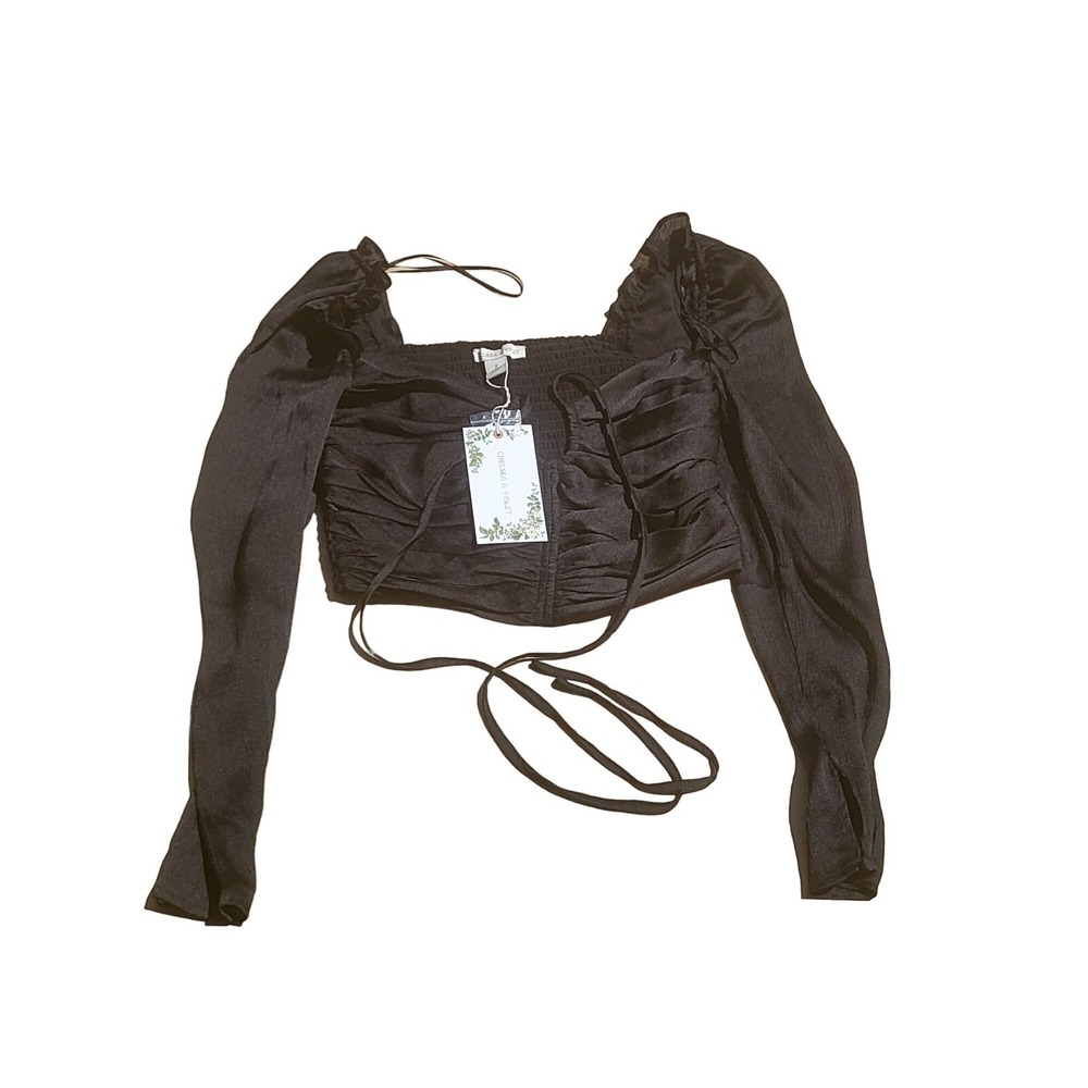 NWT Chelsea & Violet Womens Sz 2 Black Long‎ Sleeve Ruched Cropped Tie Wrap Top